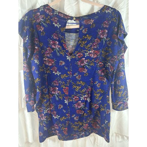 Free People Dock Street Ruffle Top Sz S Blue Combo Keyhole Back 3/4 Slv Stretchy - Picture 4 of 6